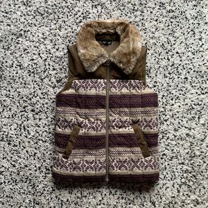 Topshop Women’s Vest Jacket Full Zip Knit Winter Pattern Faux Fur Collar Size 4